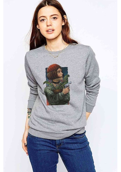 Leon Baskılı Gri Kadın Sweatshirt (528321716)