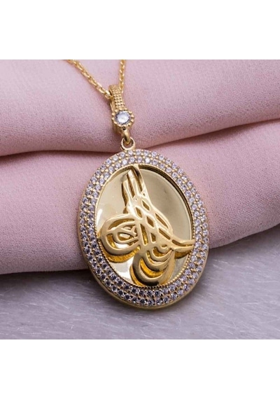 Tesbihsepetim 925 Ayar Gümüş Altın Kaplama Tuğralı Oval Model Kolye