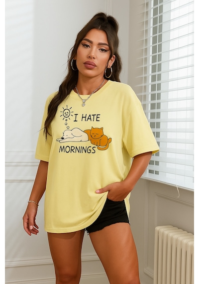 Kedi Baskılı Unisex Tişört Sari