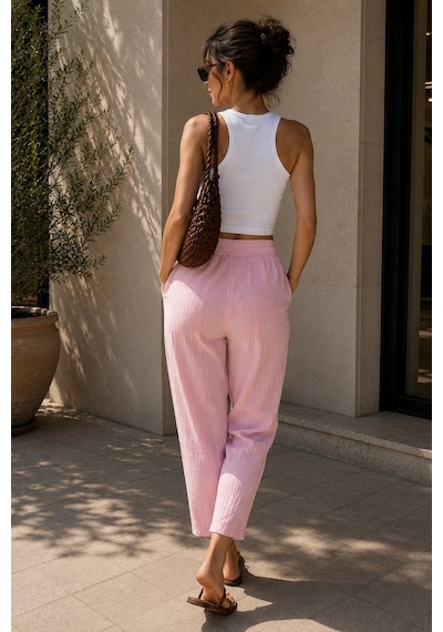 Bbbutikbasic Kadın Müslin Havuç Kesim Rahat Pantolon My3535 Pembe