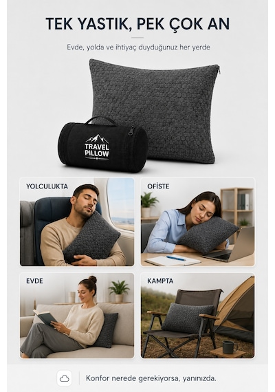 Morphello Kompresyonlu Seyahat Yastığı 30x40 Cm Taşıma Çantalı, Silikon Elyaf Dolgulu, Yıkanabilir Kılıflı Çok Amaçlı Antresit