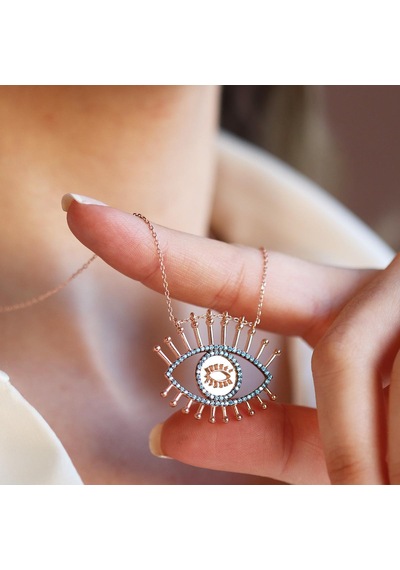 Göz Turkuaz Taşlı Rose Gold Gümüş Kolye Gümüş