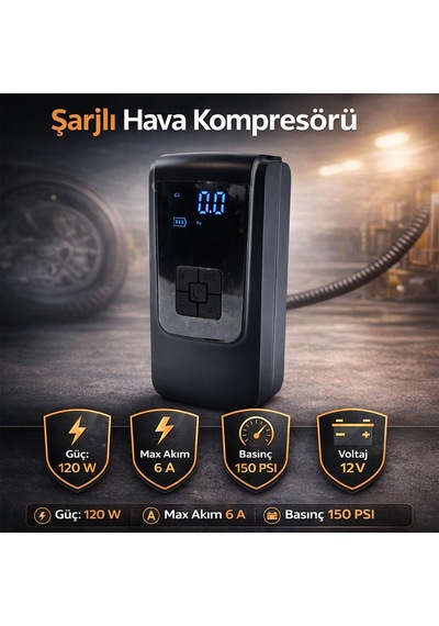 Tr Taşınabilir Şarjlı Hava Kompresörü 150 Psı Araba Bisiklet Motor Top Lastik Şişirme Dijital Ekranlı Genel