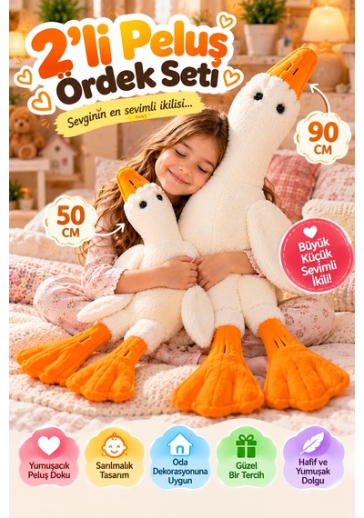 Beyaz Peluş Ördek 2'li Set 50 Cm Ve 90 Cm Yumuşak Welsoft Kumaş Sarılmalık Oyuncak Çocuk Odası Dekor