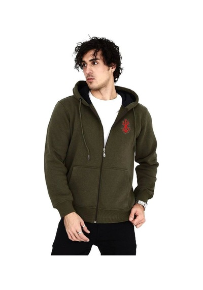 Erkek 3 İplik Pamuklu Kapüşonlu Tam Fermuarlı Cepli Hoodie Sweatshirt - Haki