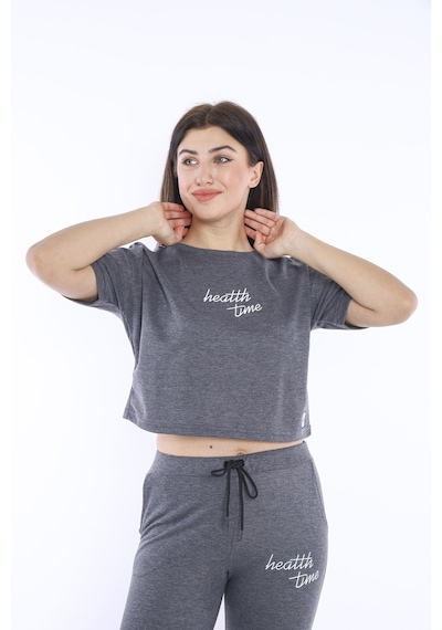 Kadın-Alt-Üst T-Shirt Takım, Rahat Kesim-3823 Koyu Gri