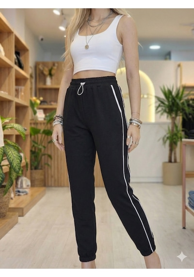 Ribana Classic Kadın Vizon Renk Bel Ve Bilek Lastik Detaylı Yan Tek Şerit Çizgili Çift Cepli İpli Pantolon 3564 siyah