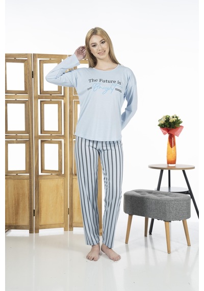 Estiva 24118 Kadın Çizgili Uzun Kollu Yazlık Viskon Pijama Takımı 001