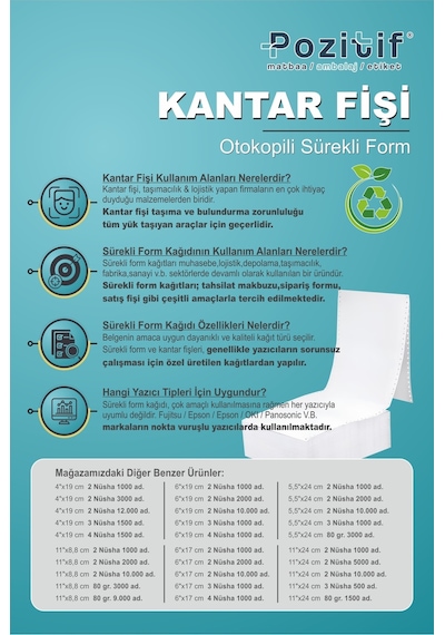 6x17 Kantar Fişi 2 Nüsha 2000 Adet , Beyaz Otokopili Sürekli Form 6''x17 Cm