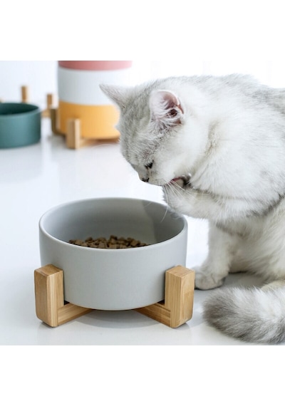 Yılmazel Seramik ve Doğal Ahşaptan Kedi Mama ve Su Kabı