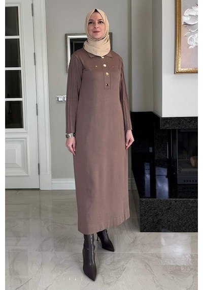 Rabia Şamlı Beste Triko Elbise Sütlü Kahve Normal