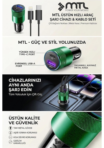 Araç Şarj Aleti Çakmaklık 38w Lightning Type-c + Usb Çift Portlu - Qualcomm Qc 4.0 Desteği Mt-a1834 Yeşil İle Uyumlu