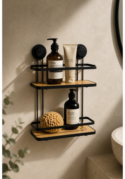 Robin Home Metal Bambu Vakumlu Yapışkanlı Banyo Rafı 2 Katlı Duş İçi Düzenleyici Siyah