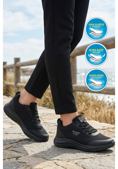 Walkway Siyah Fileli Hafif Esnek Hava Alabilen Unisex Spor Ayakkabı Pete G