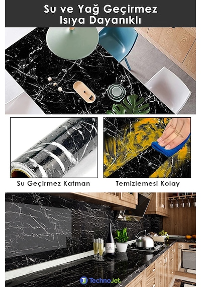 Technojet Kendinden Yapışkanlı Siyah Mermer Desen Mutfak Banyo Tezgah Duvar Masa Kaplama 60cmx100cm