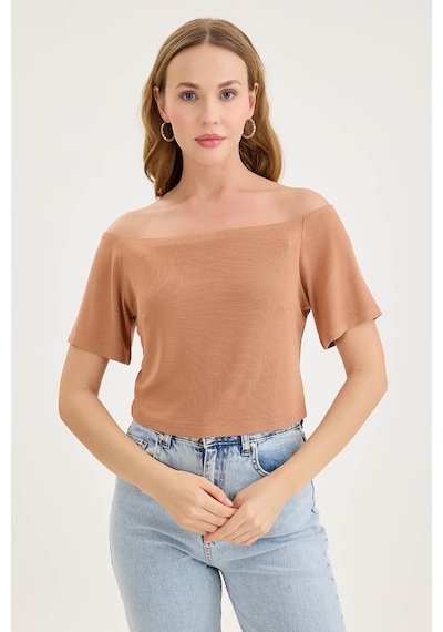 Vitrin Kayık Yaka Crop Bluz Kahve
