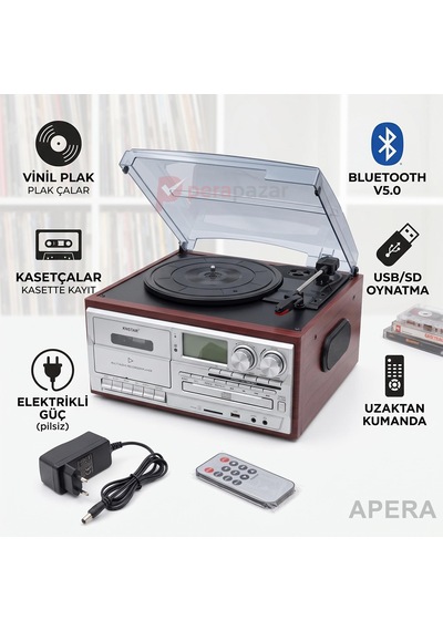 Knstar Kn-110 Klasik Pikap Bluetooth 5.0 Cd Kaset Usb/sd Fm Radyo Dahili Hoparlörlü Nostaljik Müzik Çalar Ahşap Kahverengi