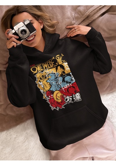 Sevbano Monkey D. Luffy Ace Sabo Baskılı Unisex Oversize One Piece Anime Siyah