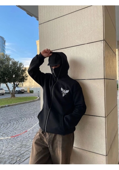 Mbb E-ticaret Erkek 3 İplik Samuray Kapüşonlu Zıp Fermuarlı Sweatshirt Hoodie - Siyah