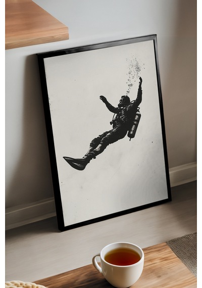 Falling Soul Siyah Ahşap Çerçeveli Poster, Dekoratif Soyut Monokrom Duvar Tablosu
