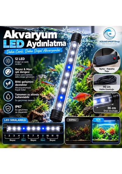 Akvaryum Işığı - Balık Işığı - 36 Cm - 12 Led - Mavi Beyaz - Açma Kapatma Tuşlu - 6w - Güçlü Işık