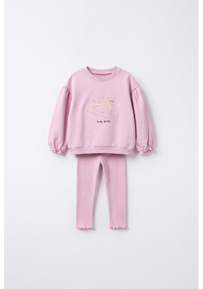 Magu Kız Çocuk Kuğu Nakışlı Pembe Sweatshirt Ve Tayt Takımı Çok Renkli