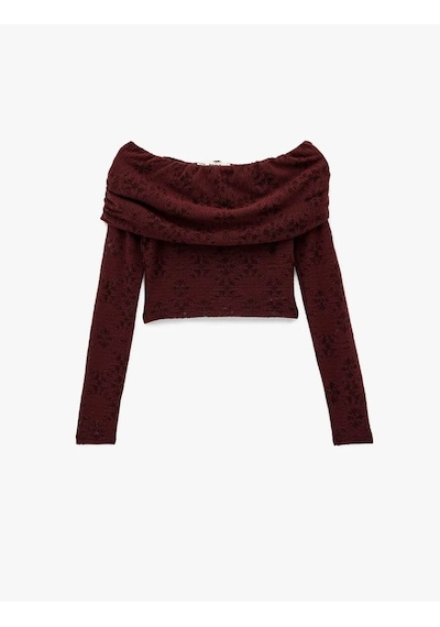 Koton Omzu Açık Crop Dantel Bordo Kadın Uzun Kollu T-shirt 6wal10621ık Bordo