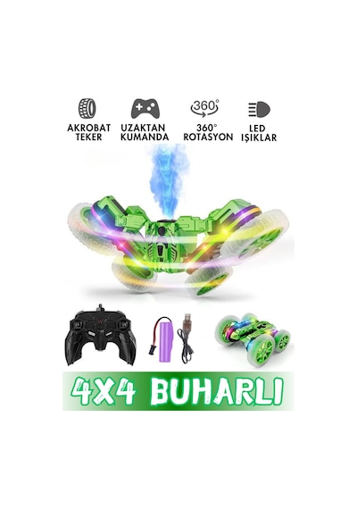 Oyuncak Buhar Atan Akrobatik Araba 2.4 Ghz Uzaktan Kumandalı Şarjlı Led Işıklı Yeşil