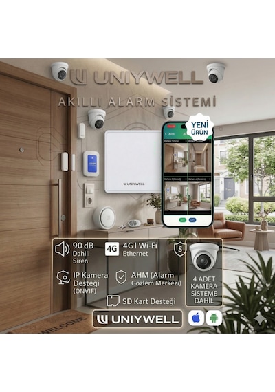 Uniywell 4g + Wi-fi + Ethernet Akıllı Alarm Sistemi - 90 Db Dahili Sirenli, Ip Kamera Onvıf Ve 8 Bölge Kablolu Aksesuar Destekli Güvenlik Seti 1 Yıl Alarm Çağrı Merkezi Hizmeti + Akü