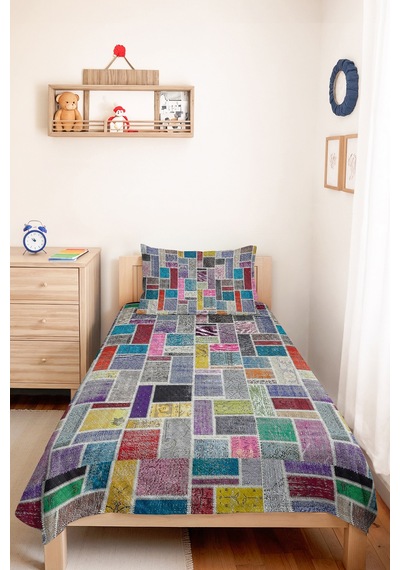 Geometrik Gri Renkli Tek Kişilik Pike - Bohem Patchwork Çok Renkli Mevsimlik Yatak Örtüsü 160x220 Cm Kırçıllı Meşe Örtüsü