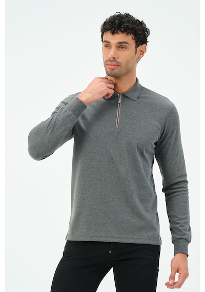Fermuarlı Uzun Kollu Regular Fit Erkek Polo Yaka T-shirt Gri