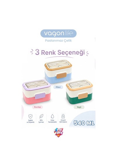 540 Ml 2 Kat Paslanmaz Çelik Lunch Box Yeni Nesil Sefer Tası Çatal & Kaşık Ff6750-540 Pembe
