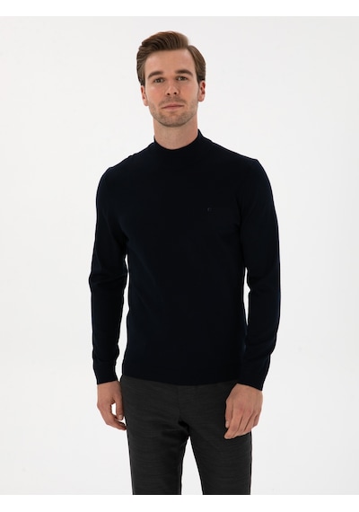 Cacharel Lacivert Slim Fit Yün Karışımlı Yarım Balıkçı Basic Triko Kazak