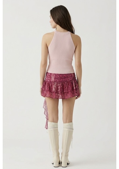 Neden Tekstil Kadın Fitilli Halter Yaka Crop Bluz - Toz Pembe
