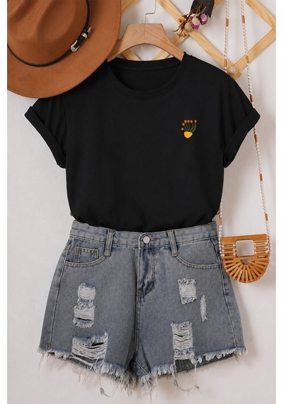 Spoyi Pembe Botanik Tasarımlı %100 Pamuk Yarım Oversize Siyah T-shirt