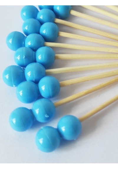 100 Adet Çift Boncuklu Mavi Baby Shower Kürdanı 6 cm - Boncuk 8 mm - Mavi Pasta Kürdanı