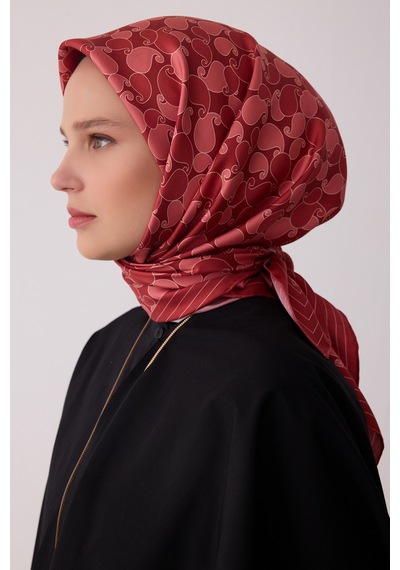 Belli Etnik Desen %100 Twill İpek Eşarp Be22 Bordo