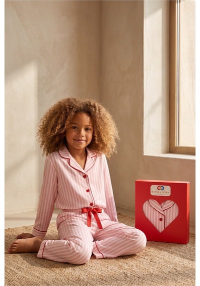 Katia&bony Kız Çocuk Kalpli Kutulu Çizgili Pijama Takımı Pembe Pembe