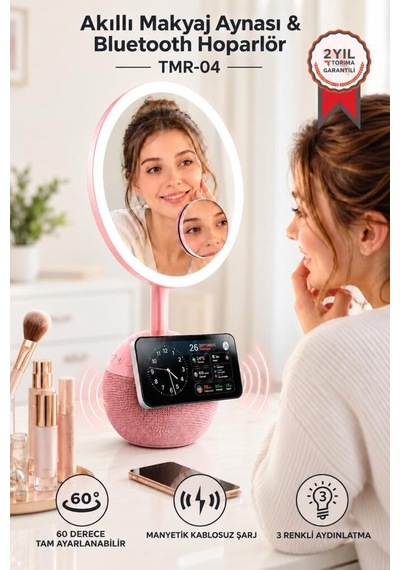 Bluetooth Hoparlör Led Işıklı Makyaj Aynalı Trm04 Rose Gold Doğum Günü Fonksiyonel Dekoratif