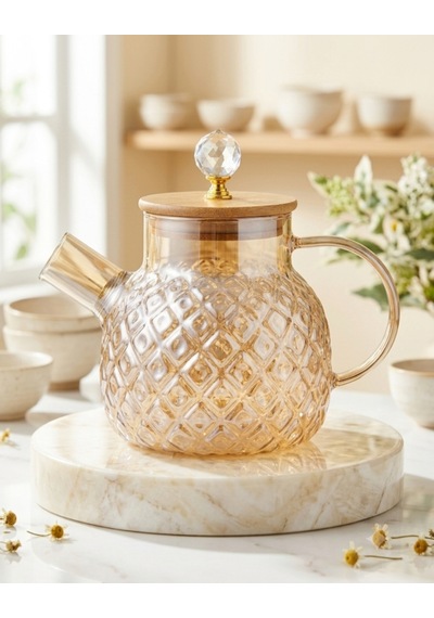 Isıya Dayanıklı Baklava Desen Cam Demlik Bambu & Metal Kapaklı Kulplu Süzgeçli 1000 Ml Füme Renk Kehribar