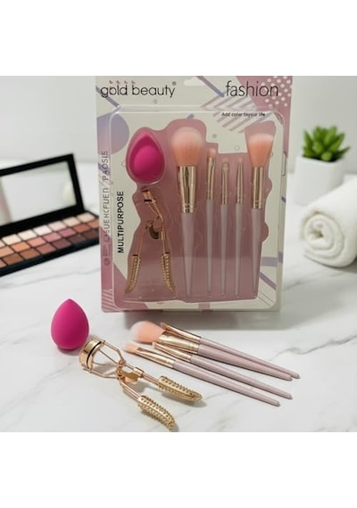 Gold Beauty Kirpik Kıvırıcı Ve Makyaj Süngeri Hediyeli 7 Parça Makyaj Fırçası