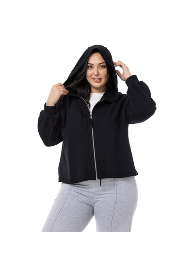 Büyük Beden Kapüşonlu Fermuarlı Üç İplik Siyah Sweatshirt-siyah Siyah