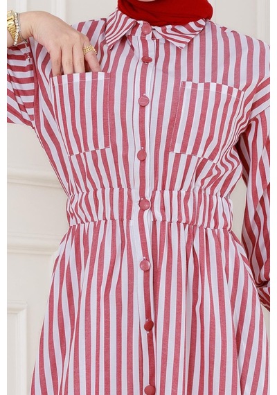 Sevitli Çizgili Cepli Tesettür Elbise-bordo-5133 Bordo