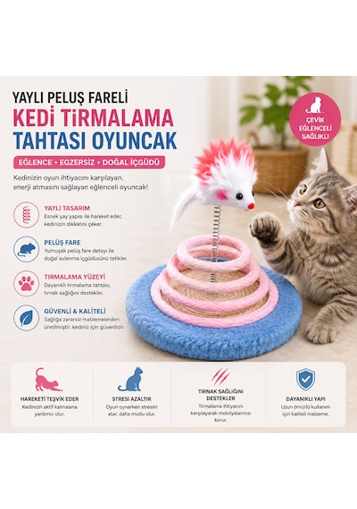 Yaylı Peluş Fareli Kedi Tırmalama Tahtası Oyuncak - Mavi