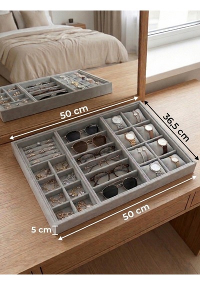 Homebiente Xlarge 50x36,5 Cm Gri Kadife Saat, Gözlük, Yüzük Ve Küpe Takı Organizer Tablası