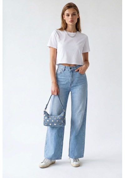 Mixray 2164 Kadın Yüksek Bel Palazzo Geniş Paça Denim Pantolon Mavi