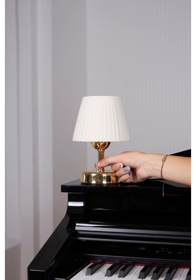 Osmanlı İpeği Pileli Kablosuz Masa Lambası -alt Parlak Gold Led Işık 9v Pil 75-90 Saat