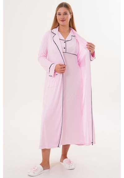 Mecit Pijama Mecit 6334 Pembe Kadın Sabahlıklı Gecelik Takımı Pembe
