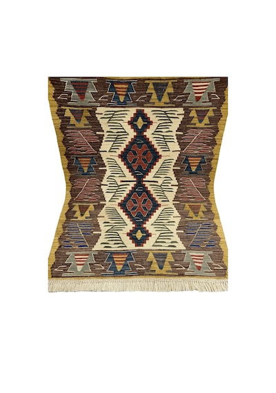 El Dokuma Uşak Kilimi 94x123 Krem Kahve Kök Boya %100 Yün Kilim