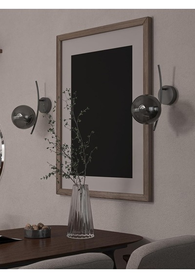 Lal 2 Adet Modern Füme Cam Küre Duvar Apliği - Siyah Metal Gövdeli Dekoratif Aydınlatma Siyah Kasa Füme Rengi Cam Tek Ebat Diğer